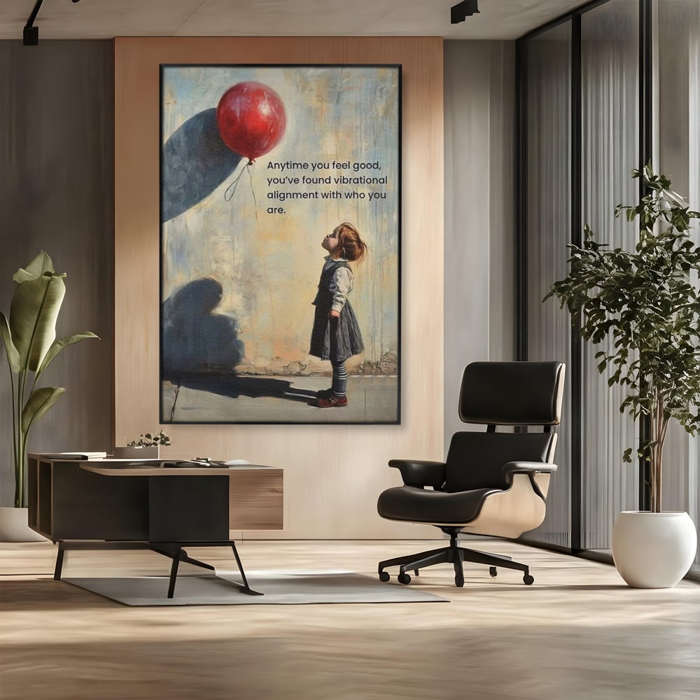 Tablou canvas cu tablou canvas cu fetita si balon rosu, in rama de aluminiu negru, pe perete intr-un birou